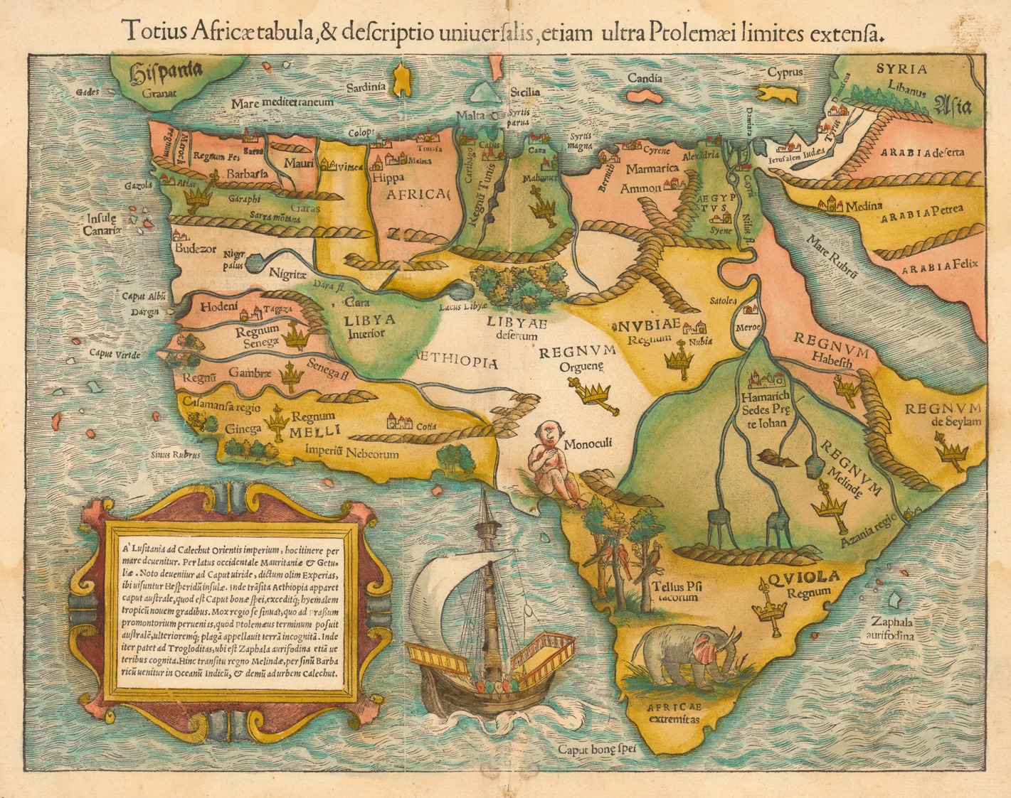 One of the earliest depictions of the entire continent, this fanciful map provided much misinformation about Africa. It was made as an itinerary for early navigators on how to circumnavigate it. Sebastian Münster, “Totius Africæ tabula  & descriptio uniuersalis etiam ultra Ptolemaei limites extensa” (Basel: 1542), https://catalog.afriterra.org/map/463.